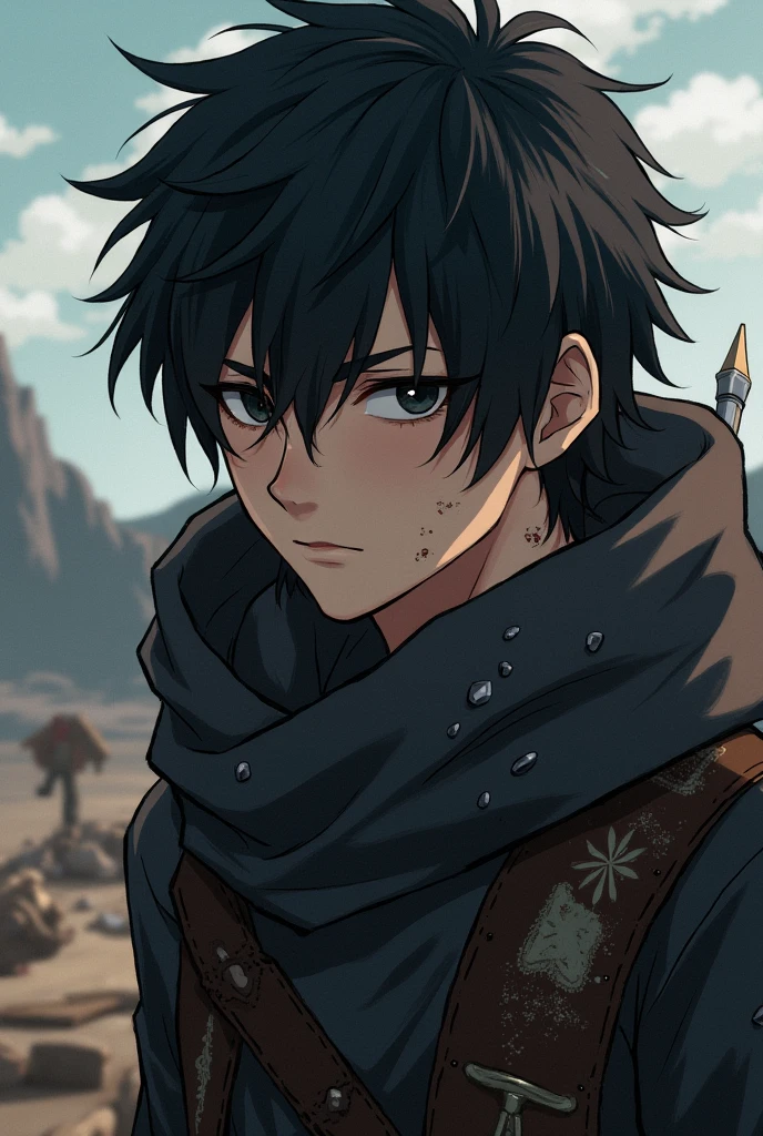A 23 year old male with black eyes with long hair and a scar that runs across his cheek and down to his eye in an anime style with broken armor and a completely sad face., but with a look of determination.