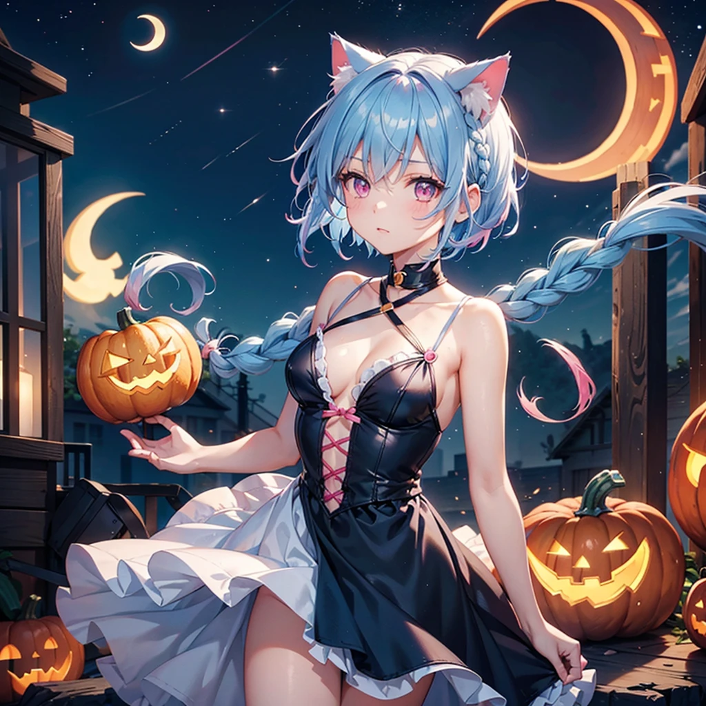 (Sky blue hair),(Braided short hair), (Pink Eyes),Fair skin) ,(whole body),(One Girl),(Crescent Moon),(Pumpkin ghosts filling the background),Cat ear,Cat&#39;s Tail,(Ahegao),(Fall into Darkness),(Sailor Moon clothes),If you don't give me sweets, I'll play a prank on you.),Halloween Night Party),(masterpiece, Highest quality, Very detailed, Best Shadow), (Detailed Background), (Beautifully detailed face), High Contrast, (Best lighting, Very delicate and beautiful), ((Cinematic Light)), Hyper Detail,8k, Dramatic Light, Intricate details,night,(Bats flying in the background),Pumpkin handbag,There are sweets in the bag,