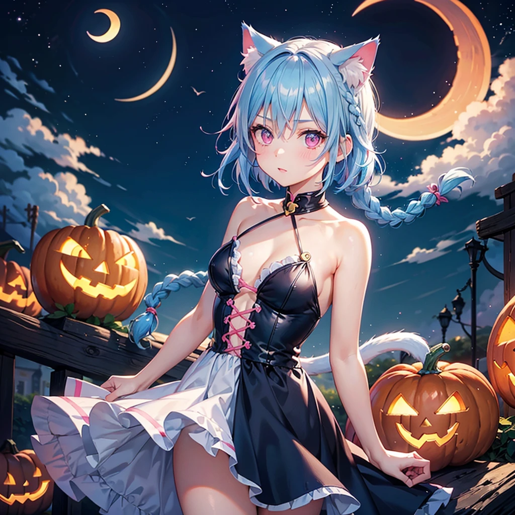 (Sky blue hair),(Braided short hair), (Pink Eyes),Fair skin) ,(whole body),(One Girl),(Crescent Moon),(Pumpkin ghosts filling the background),Cat ear,Cat&#39;s Tail,(Ahegao),(Fall into Darkness),(Sailor Moon clothes),If you don't give me sweets, I'll play a prank on you.),Halloween Night Party),(masterpiece, Highest quality, Very detailed, Best Shadow), (Detailed Background), (Beautifully detailed face), High Contrast, (Best lighting, Very delicate and beautiful), ((Cinematic Light)), Hyper Detail,8k, Dramatic Light, Intricate details,night,(Bats flying in the background),Pumpkin handbag,There are sweets in the bag,