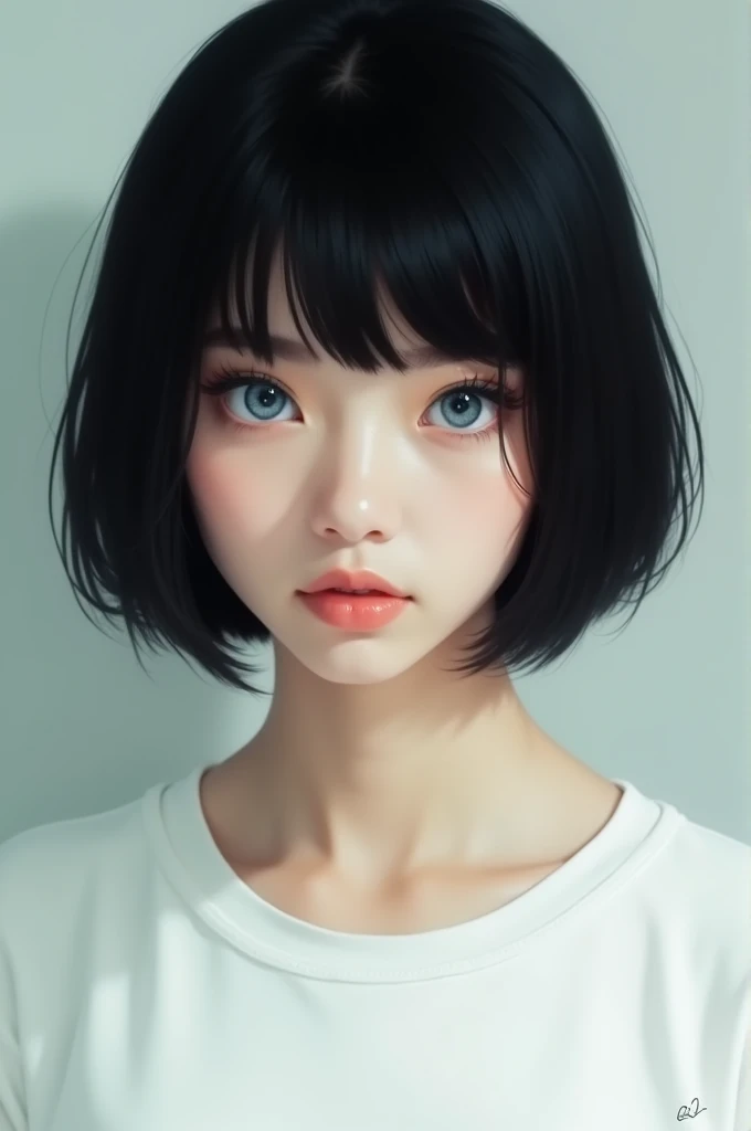 Black hair short bob cut,Staring with blue eyes,White T-shirt