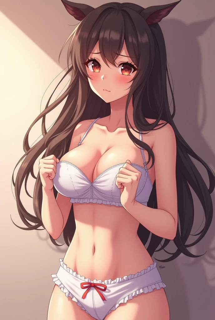 An anime girl showing her tits and super beautiful but kind of embarrassed
