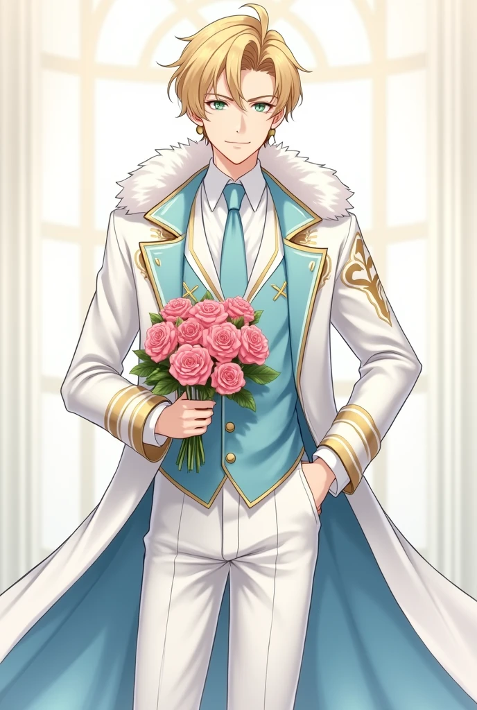17 year old boy with golden hair, light sea green eyes white skin , Lean, with earrings in the ears, formal wear, white cover inside the cover fabric similar to blue silk, gold accents prendendo uma parte da ponta de cima da capa na outra,part of fur on the top and bottom of the coat,calça branca com gold accents na cintura , top of black clothes, gold accents, gravata azul clara com gold accents, sleeves of white clothes, pose with hand on waist showing part of white sleeve while holding a bouquet of roses in the other. アニメ