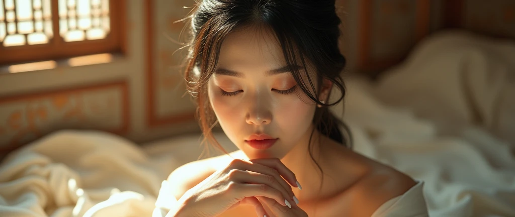 a beautiful asian woman, detailed facial features, long eyelashes, flawless skin, delicate lips, elegant pose, bare feet, soles of feet visible, serene expression, detailed hands and fingers, soft lighting, warm color tones, intricate background details, (best quality,4k,8k,highres,masterpiece:1.2),ultra-detailed,(realistic,photorealistic,photo-realistic:1.37),highly detailed portrait,cinematic lighting,ethereal atmosphere