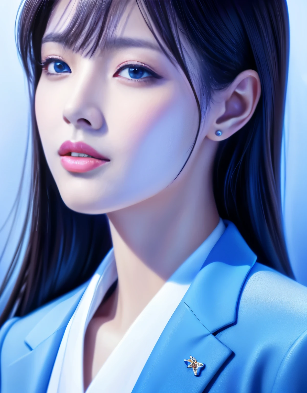 Close up portrait of woman in blue suit and white shirt, Elegant digital art, High-quality portraits, Shiny digital painting, Digital Art Images, Beautiful digital art, Elegant digital painting, Portrait of a female idol in Japan, Beautiful digital painting, Realistic cute girl drawing, high quality digital painting, TWICE's Tzuyu, Professional Profile Photo, Japanese Girls