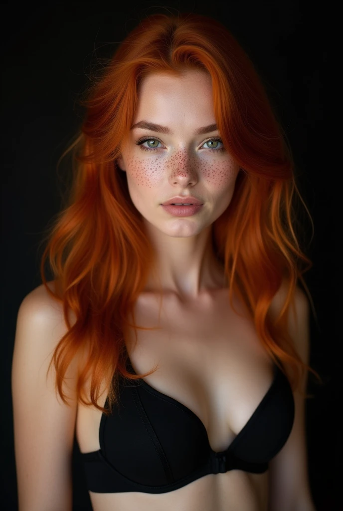 Professional photo of a beautiful young girl, beautiful face, glamor makeup, freckles, long red hair, thin body, large breasts, black bra, simple black background, eye contact, looking at viewer, masterpiece, best quality, perfect detail, perfect face detail,  perfect eye detail, perfect skin detail, depth of field, perfect lighting