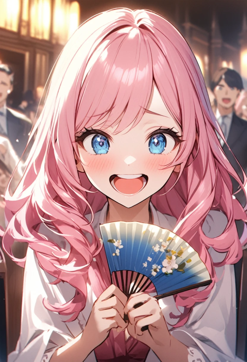 Arrogant、High-pressure、Noble Lady、Laughing out loud、Holding a fan in your hand、Upper Body、Girl with pink hair、blue eyes、Twin Drill、A scene from a movie