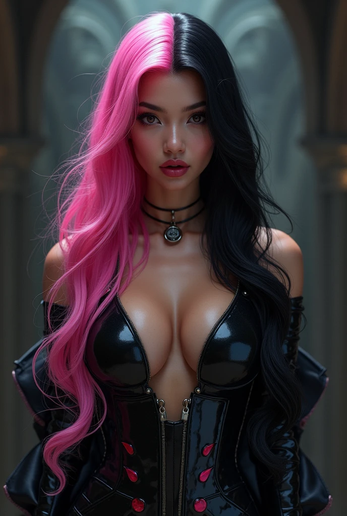 SEXY SUPERPOWERED ASIAN VILLAIN, long hair - half pink and half black