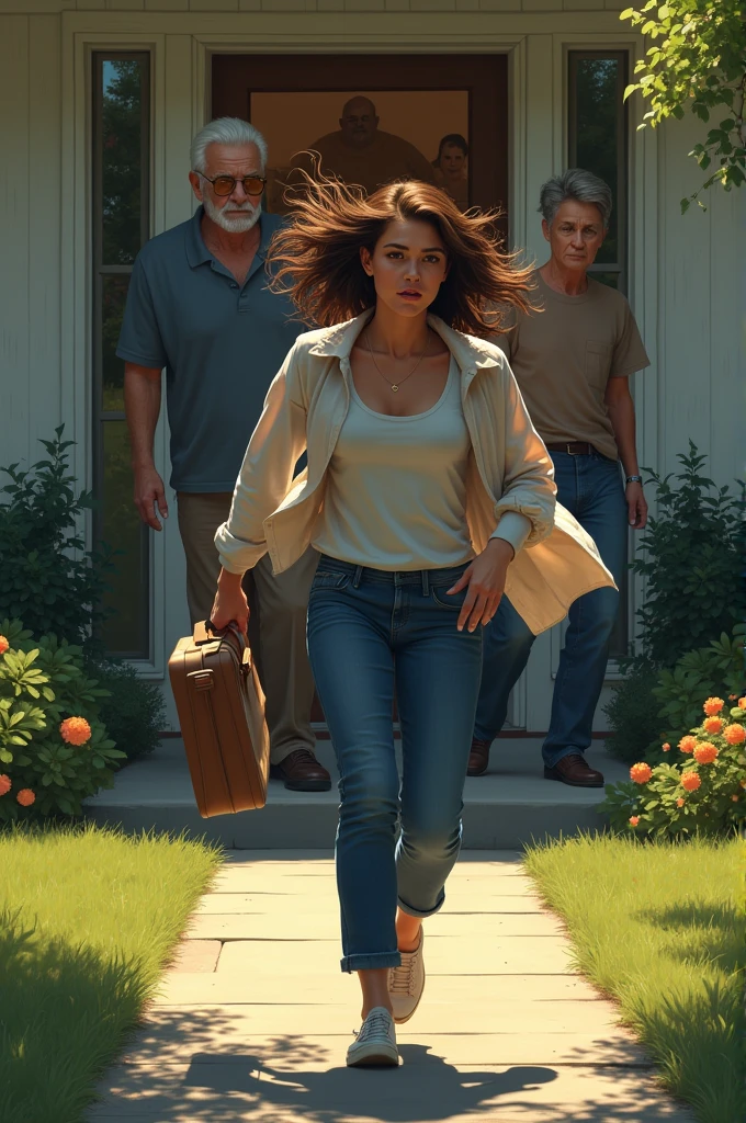 An image of a woman running away from home and her surprised relatives 
