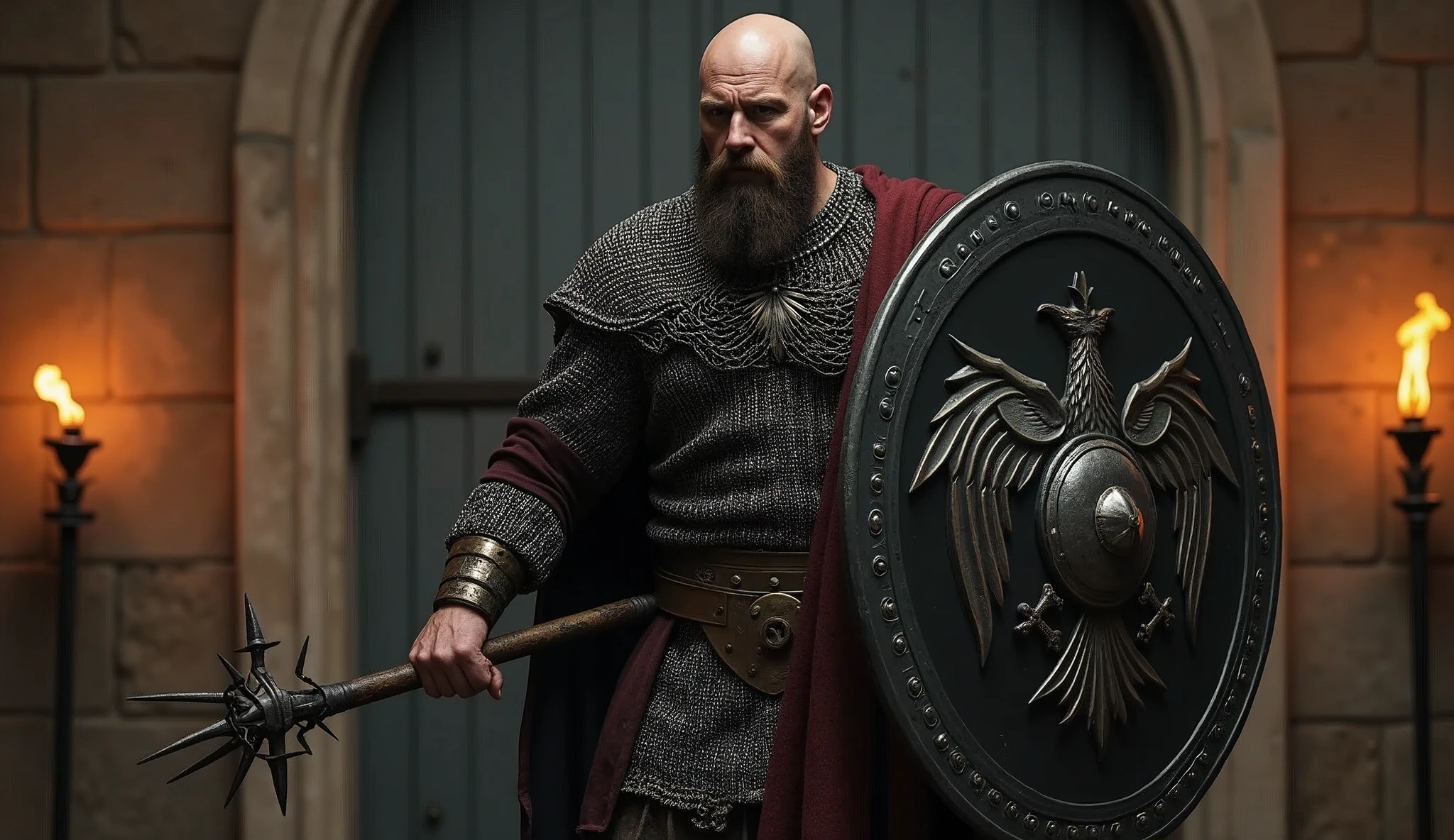 Hyper realistic, ultra detailed, cinematic posterof Floki a viking warrior, old man, 50 years old, black makeup on eyes, beard, ((action scene)), in dynamic pose, ((night, rain fall)) , ultra realistic, skin texture, cinematic lighting. (((Cinematic medieval castle and thunder background))) .
