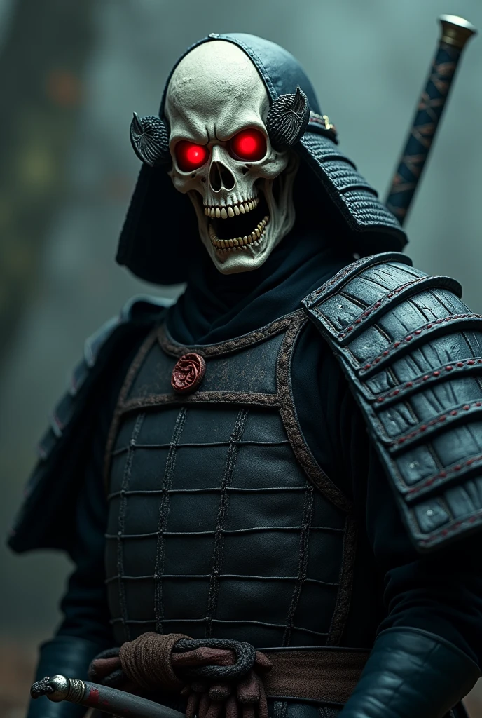 a highly detailed undead samurai with a split jaw and empty eye sockets, extremely detailed face and armor, glowing red eyes, katana sword, dark gothic atmosphere, dramatic lighting, cinematic composition, dark fantasy, muted color palette, moody, ominous, photorealistic, 8k, masterpiece
