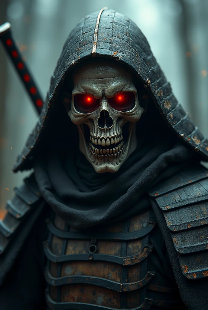 a highly detailed undead samurai with a split jaw and empty eye sockets, extremely detailed face and armor, glowing red eyes, katana sword, dark gothic atmosphere, dramatic lighting, cinematic composition, dark fantasy, muted color palette, moody, ominous, photorealistic, 8k, masterpiece