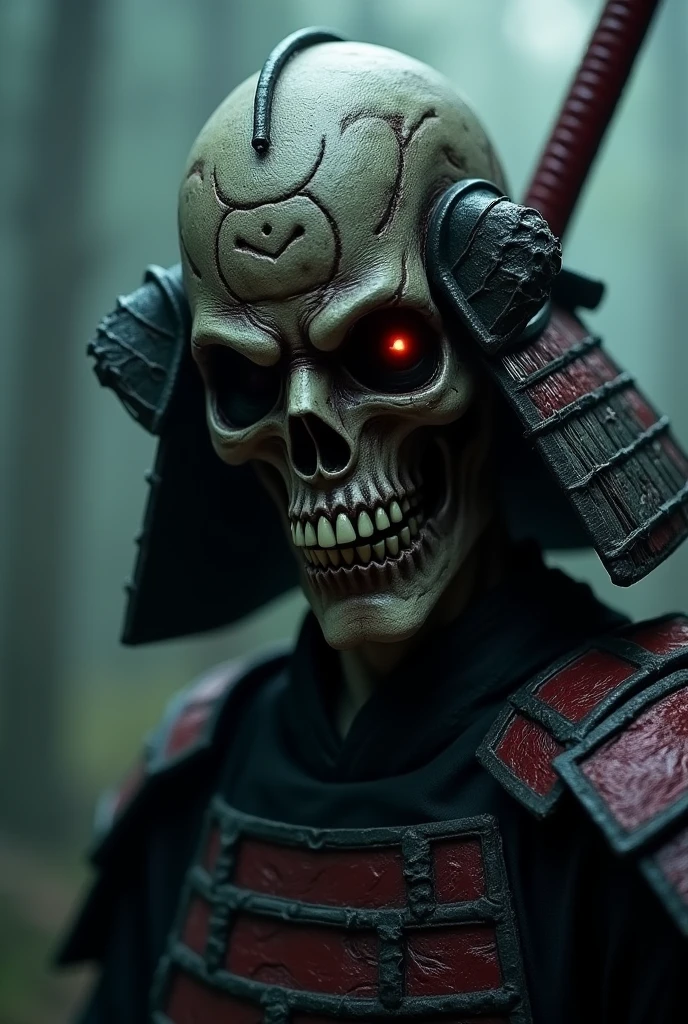 a highly detailed undead samurai with a split jaw and empty eye sockets, extremely detailed face and armor, glowing red eyes, katana sword, dark gothic atmosphere, dramatic lighting, cinematic composition, dark fantasy, muted color palette, moody, ominous, photorealistic, 8k, masterpiece