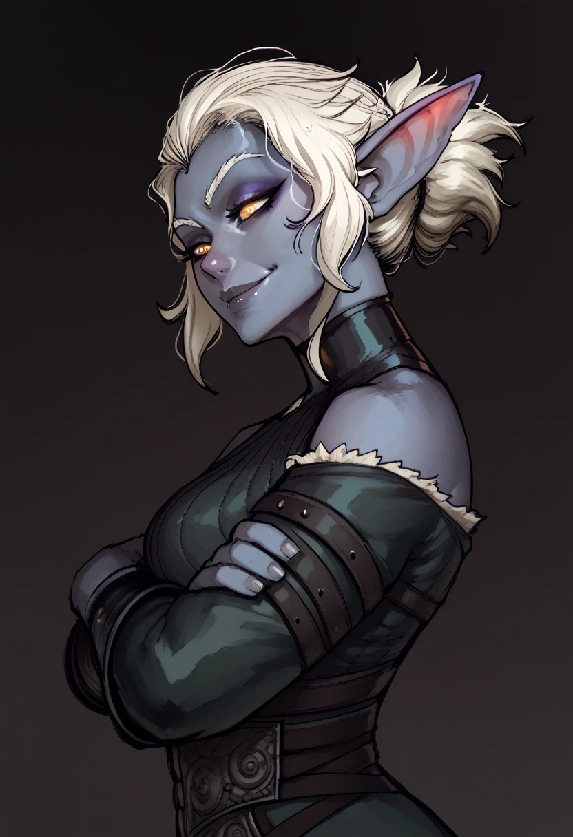 a drawing of a woman with white hair and rogue clothes, dnd portrait of a deep gnome, a portrait of an deep gnome, portrait of an deep gnome, dnd character art portrait, portrait of a dnd character, Deep gnome female portrait, character art portrait, portrait dnd, dnd portrait, elven character with smirk, dark elf, dnd character portrait, stunning character art, good face