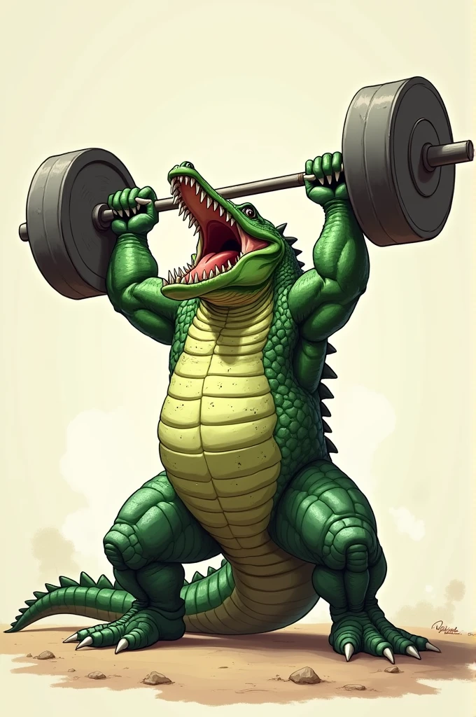 Drawing of a strong, green alligator, lifting an iron bar high into the air