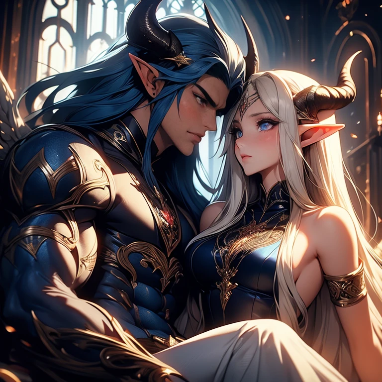(best quality) (wonderful masterpiece) (ultra high quality) (beautiful faces) a male elf with dark blue long hair and demon horns and big muscles has sex with a female elf, male demon elf with dark blue long hair has sex with a female blonde elf, sex, hard big penis, naked penis, male and female elf, romantic sex, dynamic hentai pose, sex couple, male with dark blue long hair, male on top of female, hard penis, male elf above female elf