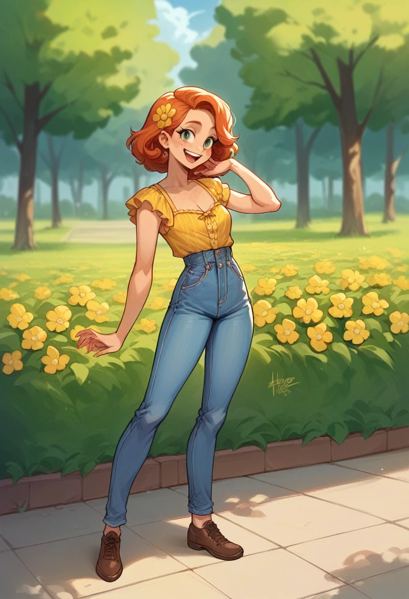 Pretty girl in the park, full body shot, face looks like that of sadie sink, dutch ginger girl, happy smile, open yellow flower blouse, showing a cleavage, high waist denim jeans, small breasts, small butt,
