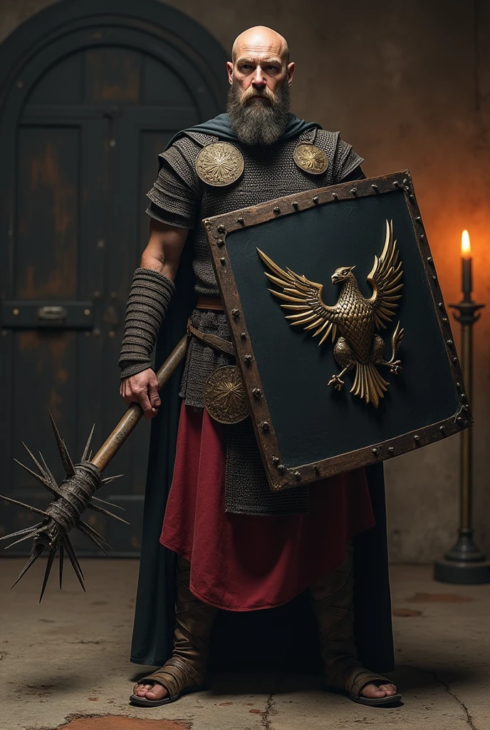 create a bald man with a medium beard, wearing a chain mail, 2.20 meters tall, a large spiked flail in his right hand, a large square Roman model shield in his left hand with an eagle in the center of it, the shield is black. He is standing near a reinforced metal door in a room lit by torches.
