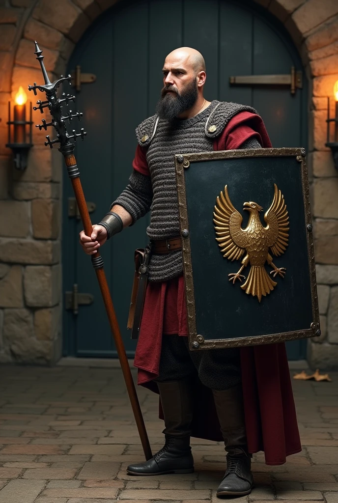 create a bald man with a medium beard, wearing a chain mail, 2.20 meters tall, a large spiked flail in his right hand, a large square Roman model shield in his left hand with an eagle in the center of it, the shield is black. He is standing near a reinforced metal door in a room lit by torches.