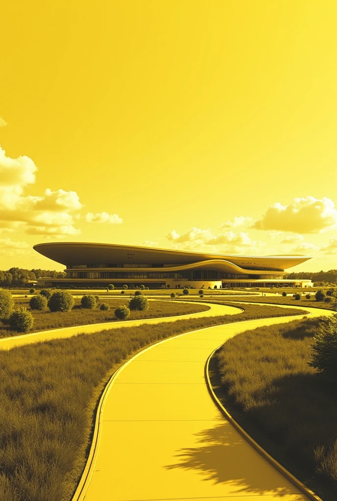 CREATE A HORIZONTAL URBAN PROFILE THAT REPRESENTS LANDSCAPE AND AESTHETICS FOR A MAIN ROAD, CONSIDERING THAT THE PROJECT IS AN OLYMPIC STADIUM WITH A RECTANGULAR SHAPE, WHICH ON THE OUTSIDE IS A SPORTS COMPLEX THAT EXPANDS AROUND THE STADIUM, THEREFORE THE IMAGE SHOULD BE A MONOCHROME ILLUSTRATION TYPE IN YELLOW.