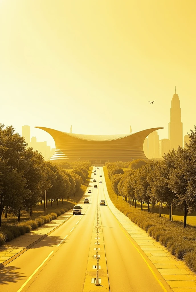 CREATE A HORIZONTAL URBAN PROFILE THAT REPRESENTS LANDSCAPE AND AESTHETICS FOR A MAIN ROAD, CONSIDERING THAT THE PROJECT IS AN OLYMPIC STADIUM WITH A RECTANGULAR SHAPE, WHICH ON THE OUTSIDE IS A SPORTS COMPLEX THAT EXPANDS AROUND THE STADIUM, THEREFORE THE IMAGE SHOULD BE A MONOCHROME ILLUSTRATION TYPE IN YELLOW.