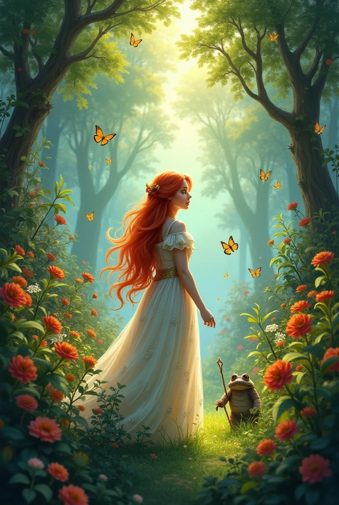 The red-haired princess goes to a garden where there are butterflies and toads.,Then he hears someone speaking to him.