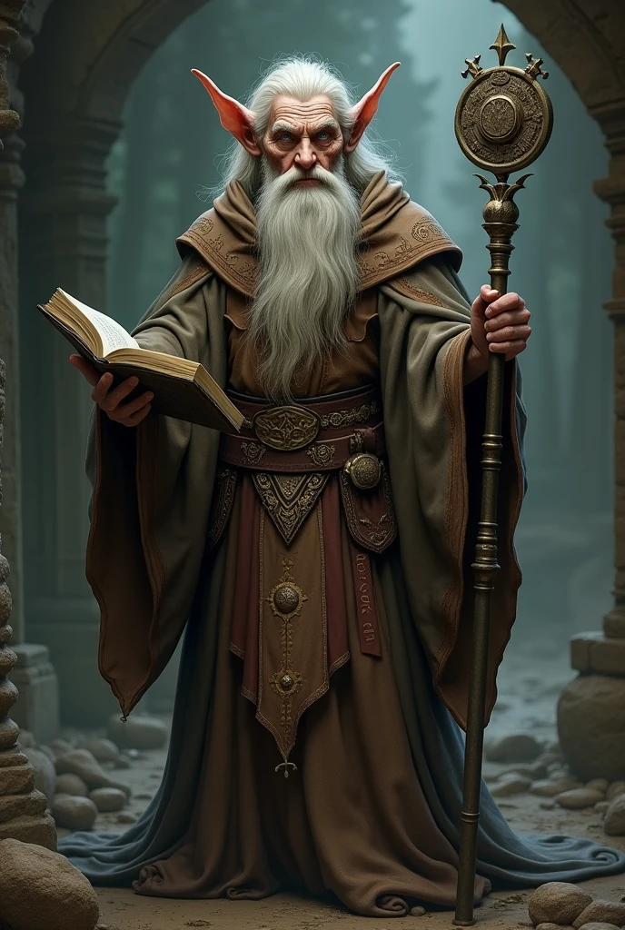 Old elf in wizard&#39;s garb holding a large grimoire in one hand and a staff in the other 