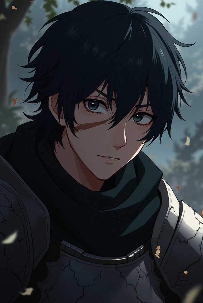 A 23 year old male with black eyes with long hair and a scar that runs across his cheek and down to his eye in an anime style with broken armor and a completely sad face., but with a look of determination.
