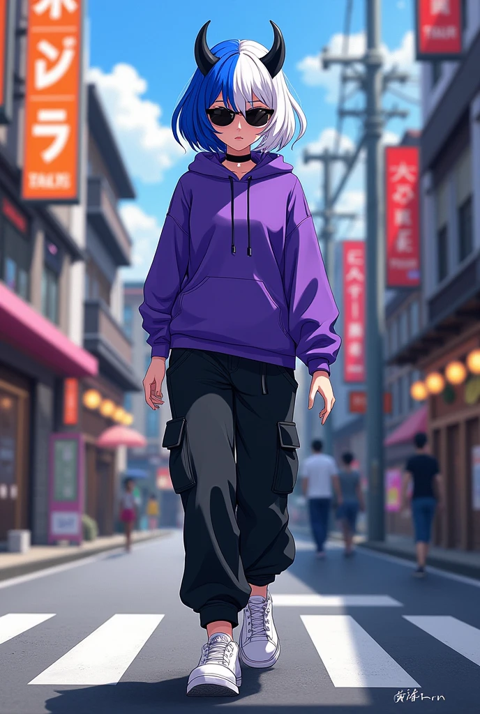 demon girl, White and Royal Blue hairBlack sunglasses,purple sweatshirt,WHITE TENNIS, black baggy cargo pants, walking down a Japanese street