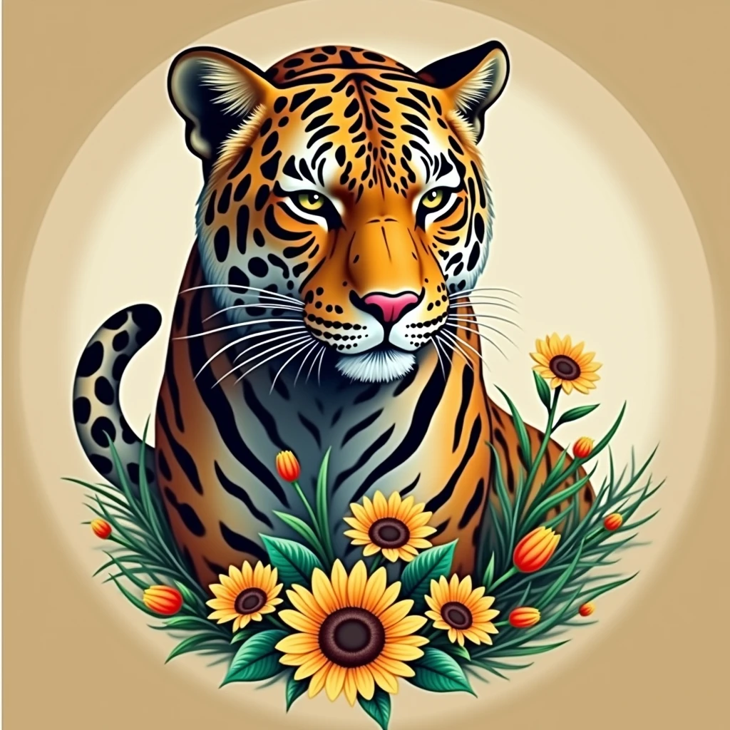 Create a fantastic Amazonian jaguar,inside a frame made of flowers,tail of jaguar,tail in the background. A mix of jaguar and tiger,leopard spots on the face, flowers in the head, sunflower, lilies, daisy, roses, color full, rainbow colours,spectacular, vibrant, no signature, no watermark,t-shirt art