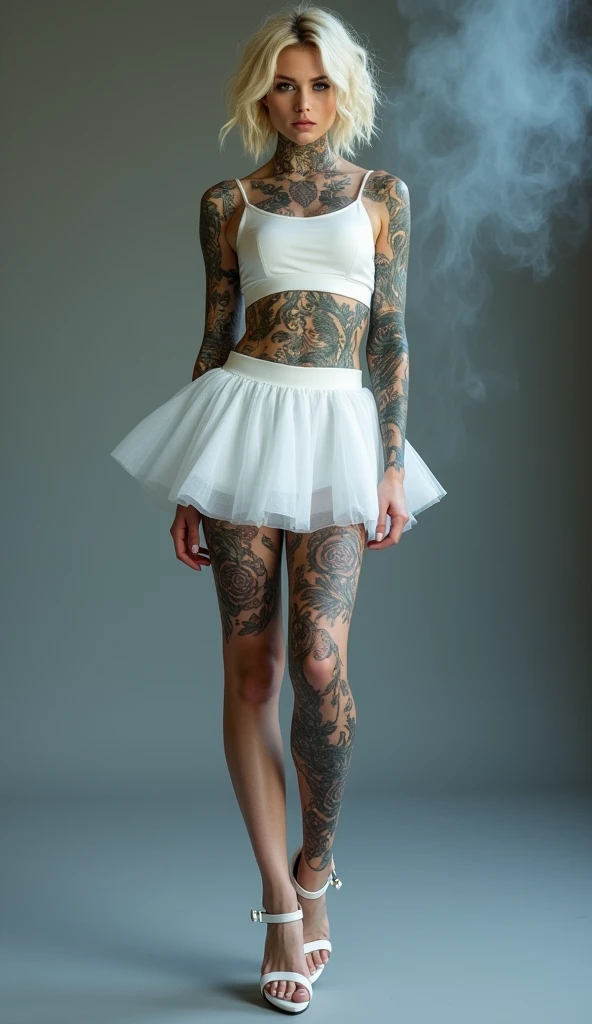 a beautiful young girl, 4k, ultra detailed, intricate tattoos, smoke, expressive beautiful face, long eyelashes, wearing a white crop and extra mini skirt white, wearing fantasy white high heels, standing on the foot, crossed legs, sexy, flawless makeup,shiny skin,young,blue eyes,blonde hair but short wavy hair style
