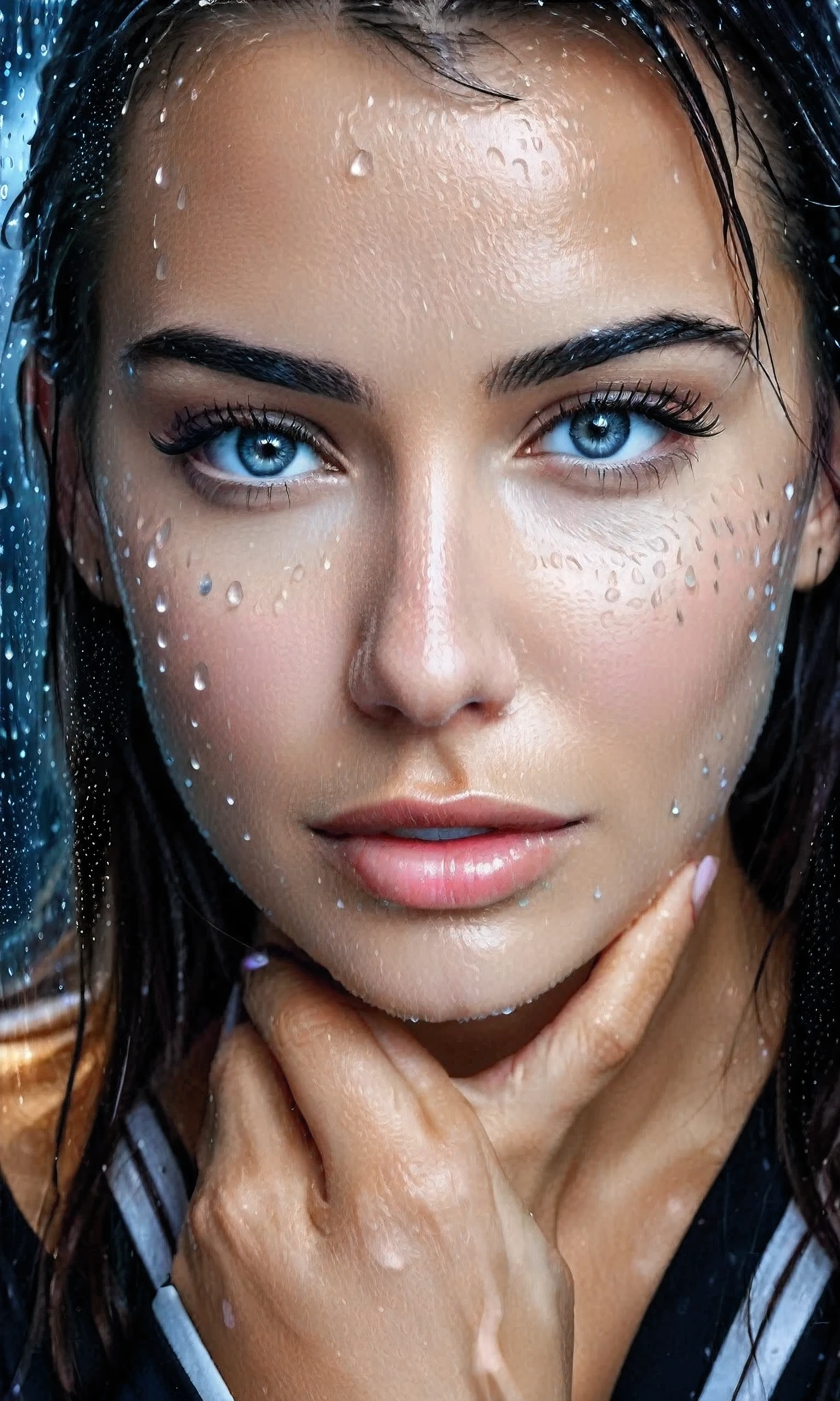 kor, a woman standing in front of a window covered in rain, rain drops on face, raining portrait, close up portrait shot, closeup portrait shot, close up portrait photo, close - up portrait shot, wet reflections in eyes, tears in the rain, alessio albi, wet relections in eyes, closeup shot of face, tears dripping from the eyes 