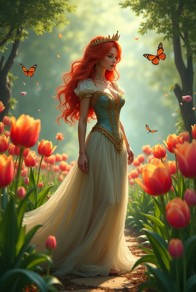 The red-haired princess goes to a garden where there are tulip flowers, butterflies and toads,Then he hears someone speaking to him.
