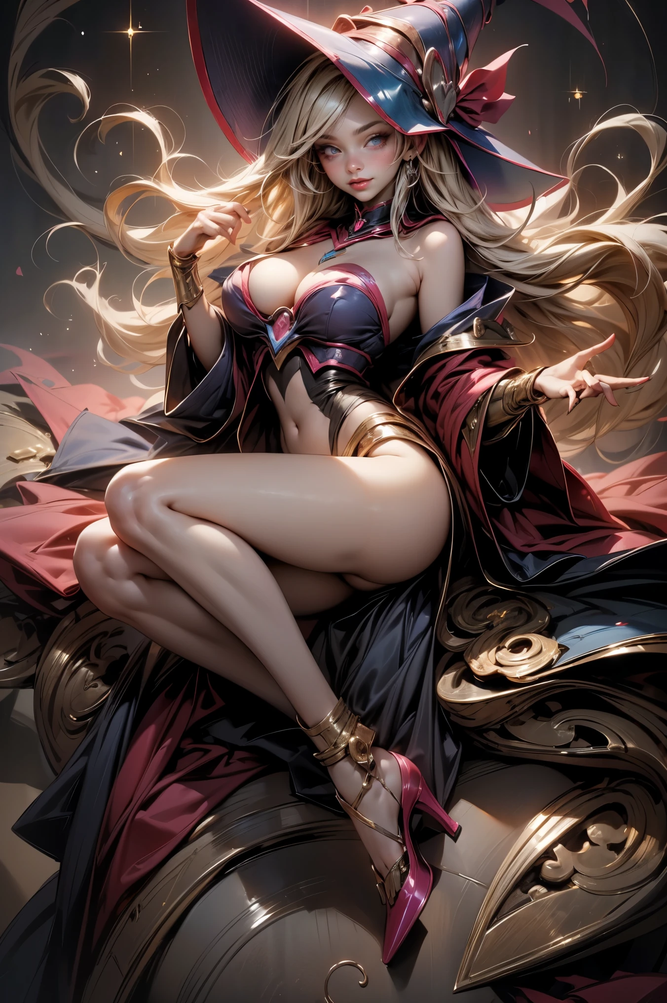 (masterpiece:1.2), (The best quality:1.2), perfect lighting, Dark Magician Girl casting a spell, in battle. floating in the air, visible medium tits, transparent neckline, blue robe, big hat, from above, Sparkles, Yugioh game, The magic of the heart. LIGHTS OF THE HEART, romantic heart. She wears gold heels. In heels. heels 