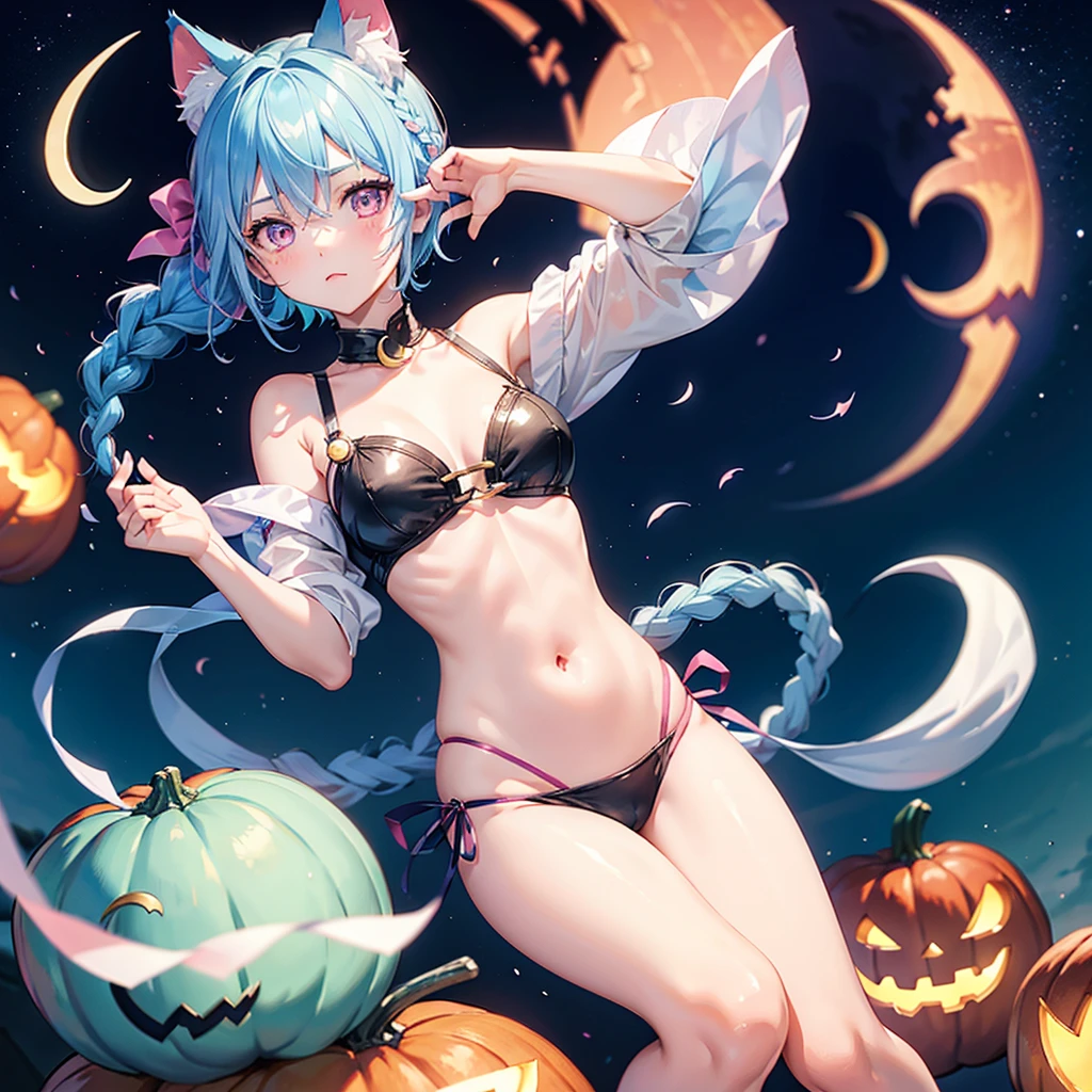 (Sky blue hair),(Braided short hair), (Pink Eyes),Fair skin) ,(whole body),(One Girl),(Crescent Moon),(Pumpkin ghosts filling the background),Cat ear,Cat&#39;s Tail,(Ahegao),(Fall into Darkness),(Sailor Moon clothes),If you don't give me sweets, I'll play a prank on you.),Halloween Night ),(masterpiece, Highest quality, Very detailed, Best Shadow), (Detailed Background), (Beautifully detailed face), High Contrast, (Best lighting, Very delicate and beautiful), ((Cinematic Light)), Hyper Detail,8k, Dramatic Light, Intricate details,night,(Bats flying in the background),Pumpkin handbag,There are sweets in the bag,