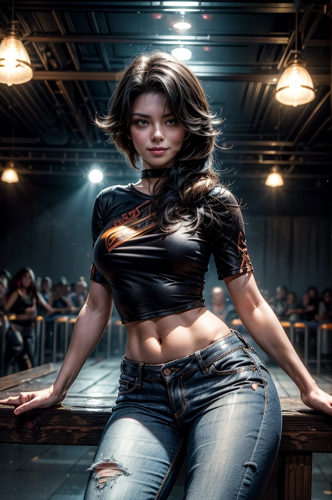 (masterpiece, best quality:1.2), cowboy shot, solo, 1girl, cinder fall, evil smile, looking at viewer, long hair, t-shirt, jeans, future_urban, sitting in dance club, crowd, (volumetric lighting), sharp focus, hyper detailed