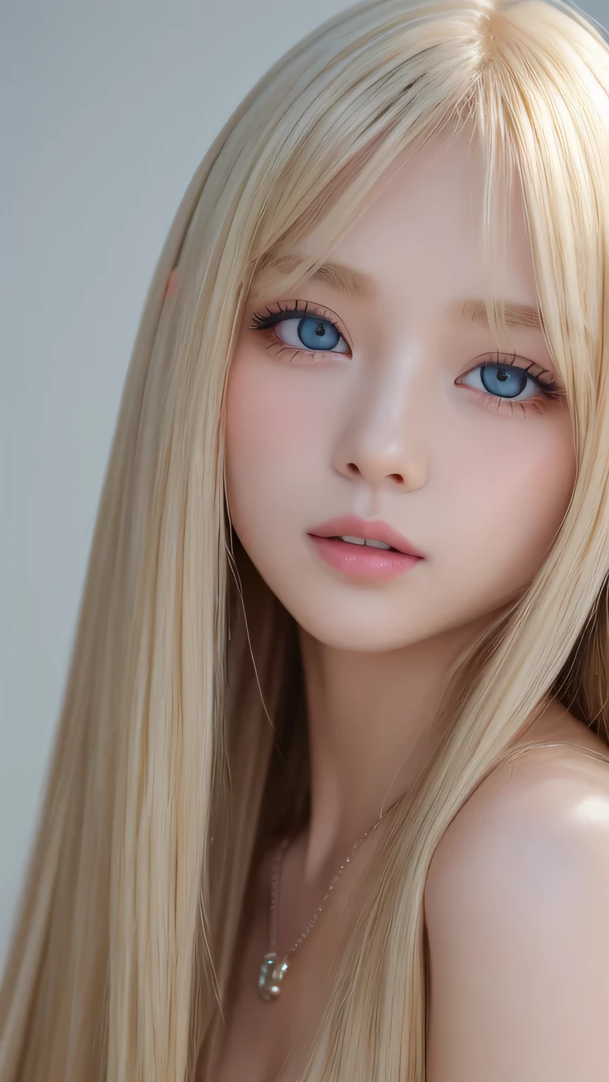 Realistic、Super Adoption、1 young idol girl、Gazing into the distance、date、Round and young々Shii々Shii々Shii々Shii々funny Face、Bangs between the eyes、Accessories Full、necklace、big, clear, bright light blue eyes、Very big eyes、Long eyelashes、Big Breasts、Narrow waist、light makeup、Beautiful Teeth、Embarrassed look。Shiny blonde hair、Super long, straight, silky platinum blonde hair、Beautiful girl with small face、Gloss Cheek Highlight、Browsing Caution,naked、(((naked, Perfect detail, Very detailed))),Show me your pussy、Random Pause