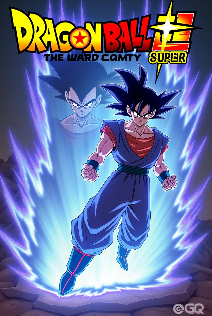 Dragon Ball Super card template with dynamic energy background. Swirling electric blue and purple effects with white light beams. Large white rectangular frame in the center with a red dashed border, oriented vertically to fit standard TCG card proportions. Dragon Ball Super logo at the top in yellow and red. To the right side of the rectangular frame, include a clear, detailed image of Goku from the FB03 set. Goku should be in his most recent or powerful form from that set, with a determined expression and dynamic pose. In the background, create a larger, shadowy silhouette of Goku or multiple Dragon Ball heroes, similar to the shadowy figure seen in the top left of the provided image. This shadow should be subtle but visible, adding depth to the overall design.
The background should have intense, swirling energy patterns radiating outward from the center frame, creating a sense of power and motion."