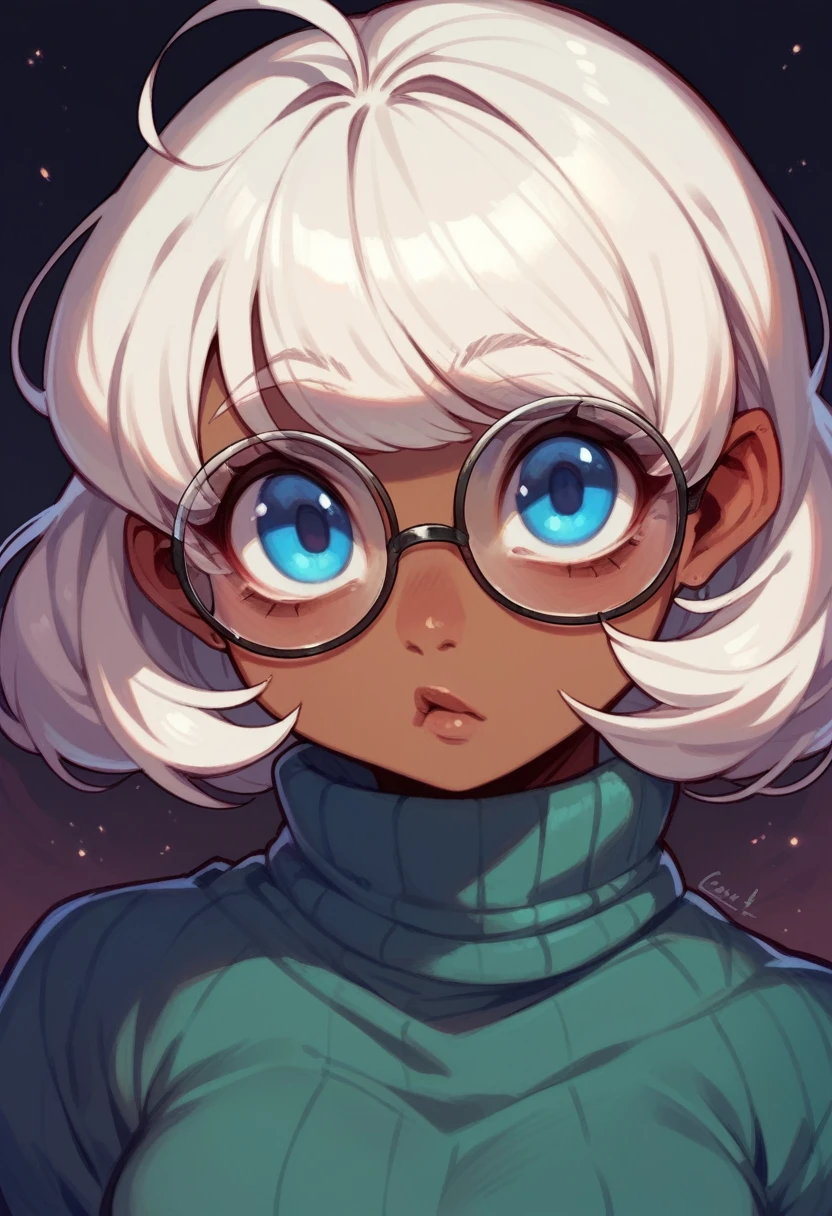 A Clara skin girl, Cartoon cutie, big eyes, white hair, Blue eyes, Glasses, Dark city