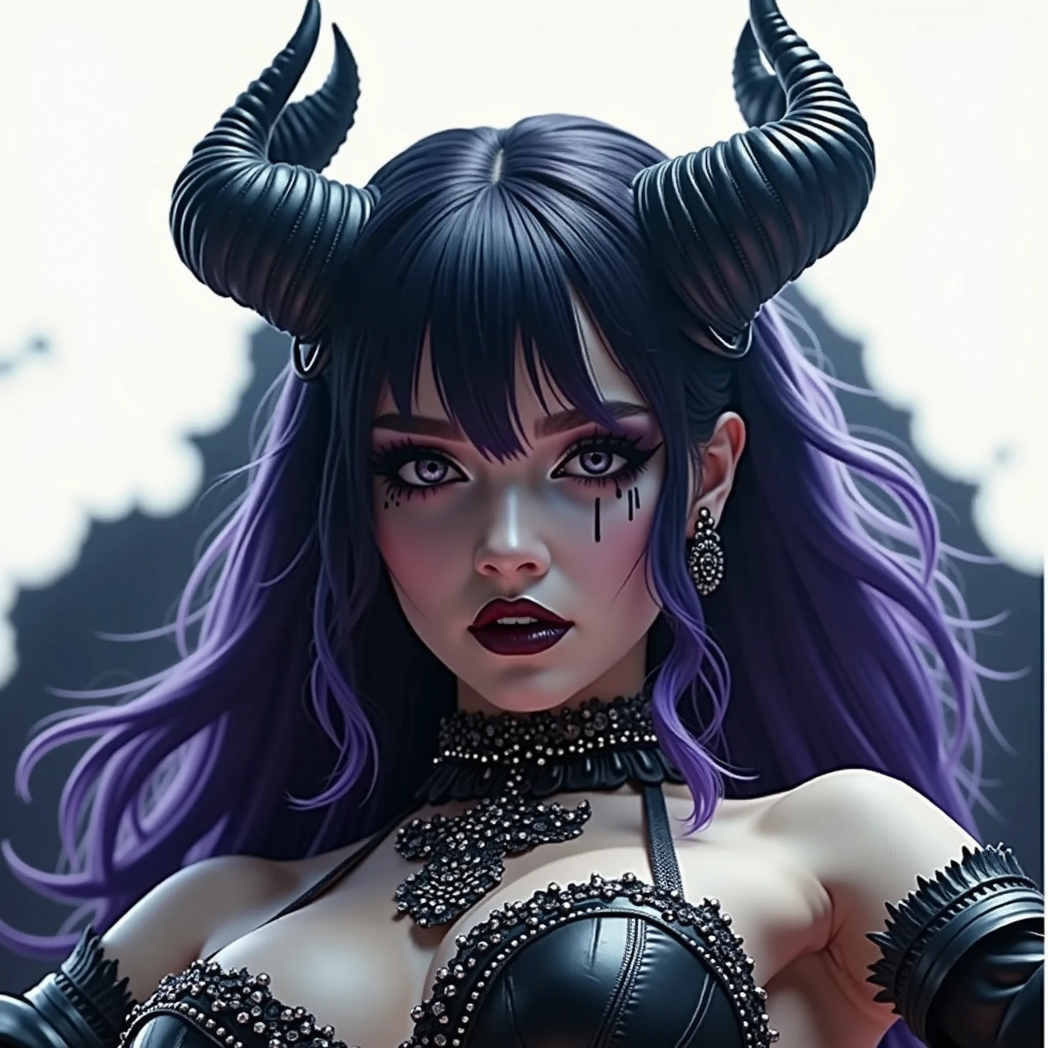 (masterpiece, best quality:1.2), 1girl, solo, goth singer, black and purple hair, detailed leather outfit, dark gothic makeup, intricate accessories, on stage, dramatic lighting, high detail
