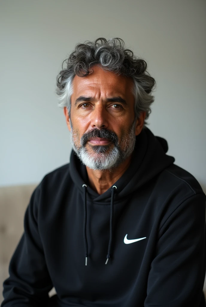 Image is a portrait-style photograph of a middle-aged man with a neutral expression. He has medium-length, curly gray hair and a full beard with a mix of gray and black hair. His skin tone is medium brown. He is wearing a black hoodie with a white Nike logo on the left side of the chest. The background is plain and light-colored, likely a wall, with a portion of a beige couch visible at the bottom of the frame. The lighting is soft and even, highlighting the details of his facial features and hair.