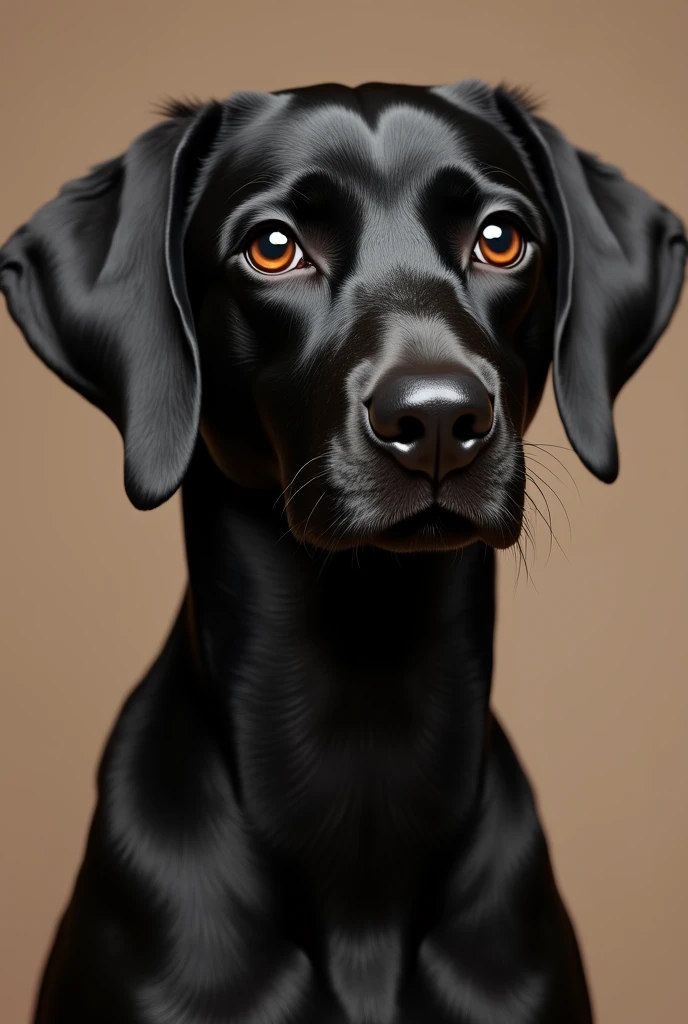Black dog with short hair and a white spot in the center of her chest, mongrel