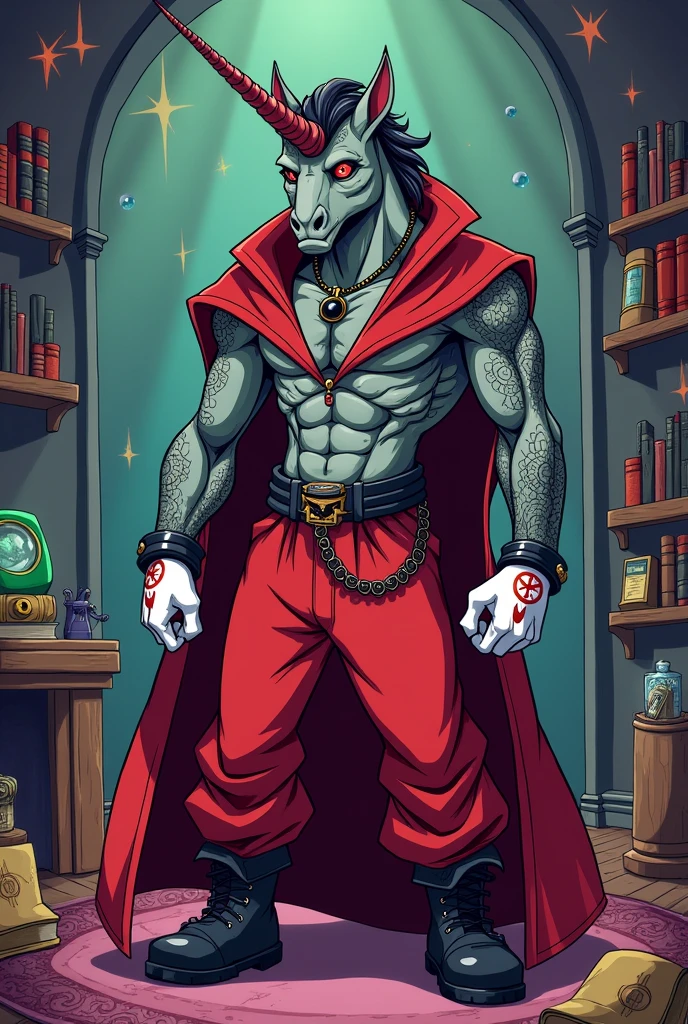Create a humanoid demonic unicorn,, Red Wizard Suit Style Clothes, wearing baggy pants, Wearing white gloves with alchemy symbol, wearing a black boot, tattoos on body, black jewelry, full of anxiety on the tele finger, background image a wizard'Room, Adventure Time style drawing