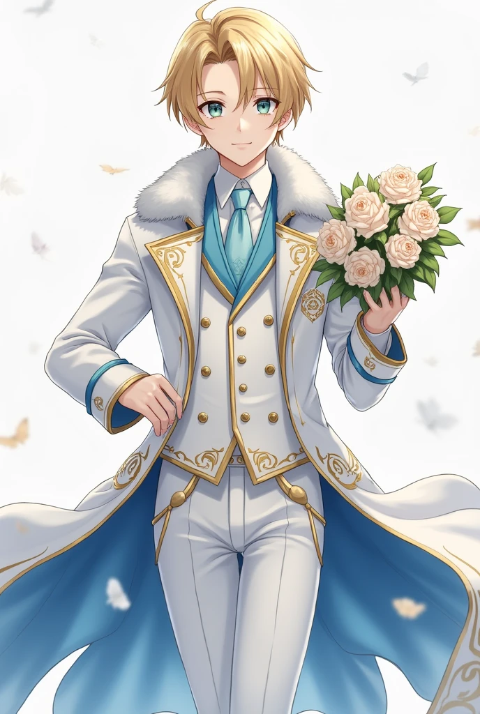 17 year old boy with golden hair, light sea green eyes white skin , Lean, with earrings in the ears, formal wear, white cover inside the cover fabric similar to blue silk, gold accents prendendo uma parte da ponta de cima da capa na outra,part of fur on the top and bottom of the coat,calça branca com gold accents na cintura , top of black clothes, gold accents, gravata azul clara com gold accents, sleeves of white clothes, pose with hand on waist showing part of white sleeve while holding a bouquet of roses in the other. アニメ