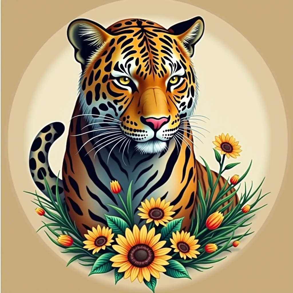 Create a fantastic Amazonian jaguar,inside a frame made of flowers,tail of jaguar,tail in the background. A mix of jaguar and tiger,leopard spots on the face, flowers in the head, sunflower, lilies, daisy, roses, color full, rainbow colours,spectacular, vibrant, no signature, no watermark,t-shirt art
