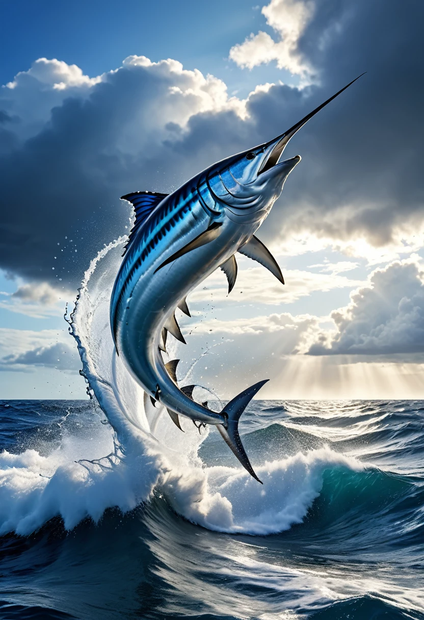a jumping blue marlin, clear sky, distant storm clouds, rolling ocean waves, trolling fishing, water splash, shimmering ocean, (best quality,4k,8k,highres,masterpiece:1.2),ultra-detailed,(realistic,photorealistic,photo-realistic:1.37),professional lighting,professional camera,artistic,highly detailed,dramatic lighting,vivid colors,cinematic composition,dynamic motion blur,ocean breeze,stunning seascape,epic scale