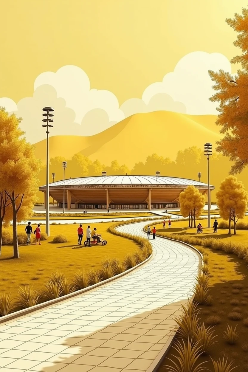 develop an URBAN PROFILES WITH A RELATIONSHIP OF SUSTAINABILITY TOURIST ATTRACTION FOR A MAIN ROAD I CONSIDER THAT THE PROJECT IS AN OLYMPIC STADIUM with a sports complex the image should be a MONOCHROME ILLUSTRATION TYPE IN YELLOW COLOR