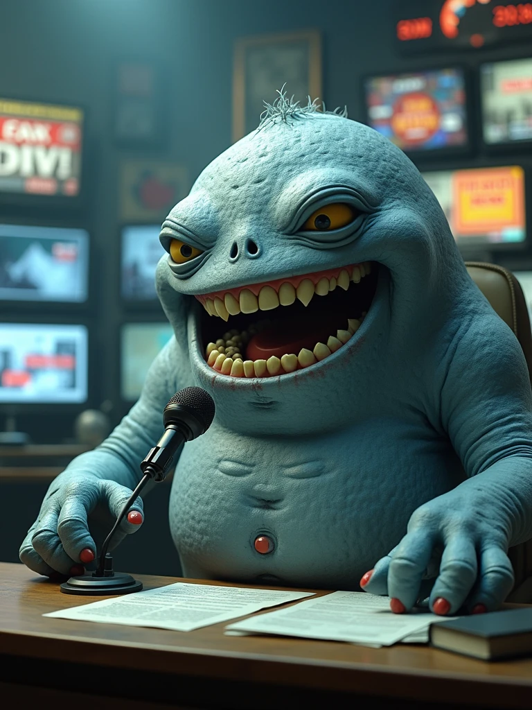 A cinematic and surreal scene where a giant grey, blueish blob serves as the news anchor. The monster, with a wide toothy grin, sits at the news desk, holding a microphone and speaking into it. The background reveals a chaotic newsroom with various monitors displaying breaking news. The overall atmosphere is a mix of retro and modern, with a touch of horror and comedy. The monster's eyes have a human-like expression, and his body seems to be made of newspaper-like scales., cinematic
