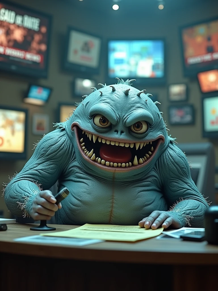 A cinematic and surreal scene where a giant grey, blueish blob serves as the news anchor. The monster, with a wide toothy grin, sits at the news desk, holding a microphone and speaking into it. The background reveals a chaotic newsroom with various monitors displaying breaking news. The overall atmosphere is a mix of retro and modern, with a touch of horror and comedy. The monster's eyes have a human-like expression, and his body seems to be made of newspaper-like scales., cinematic