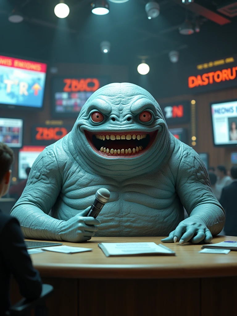 A cinematic and surreal scene where a giant grey, blueish blob serves as the news anchor. The monster, with a wide toothy grin, sits at the news desk, holding a microphone and speaking into it. The background reveals a chaotic newsroom with various monitors displaying breaking news. The overall atmosphere is a mix of retro and modern, with a touch of horror and comedy. The monster's eyes have a human-like expression, and his body seems to be made of newspaper-like scales., cinematic