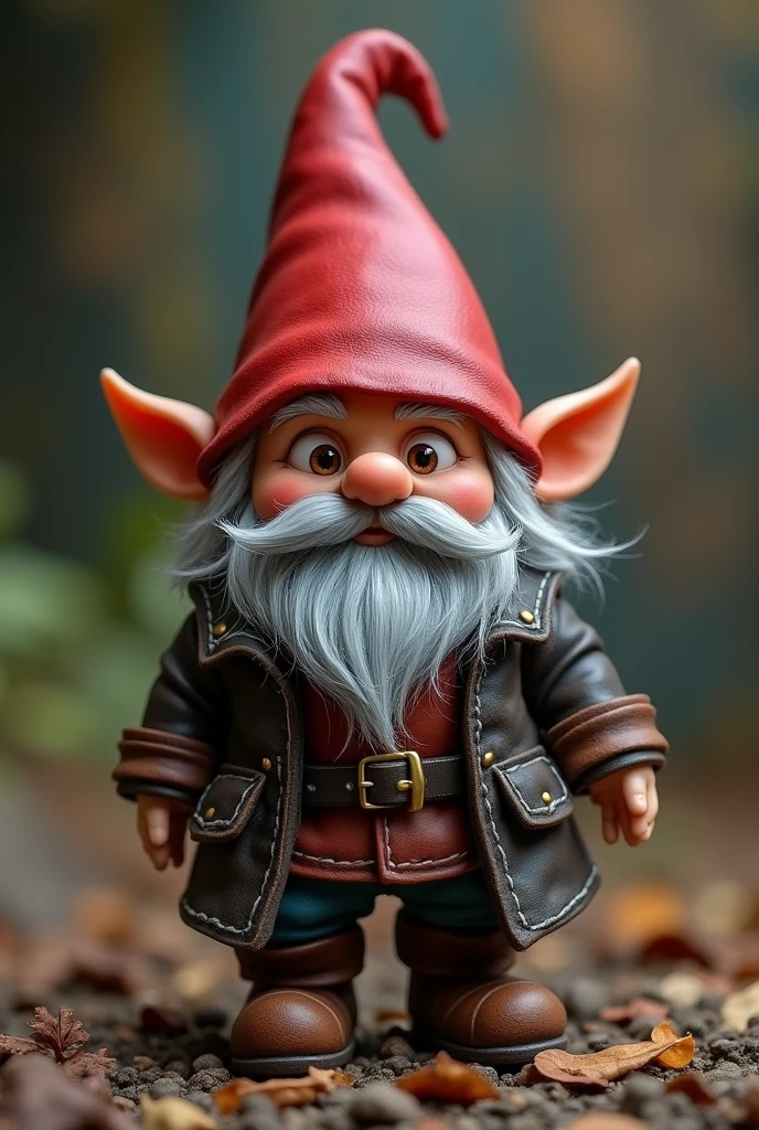 A gnome, of 90 cm, gray hair and a red mushroom-shaped cap, This gnome is a little thief and wears a thick leather coat